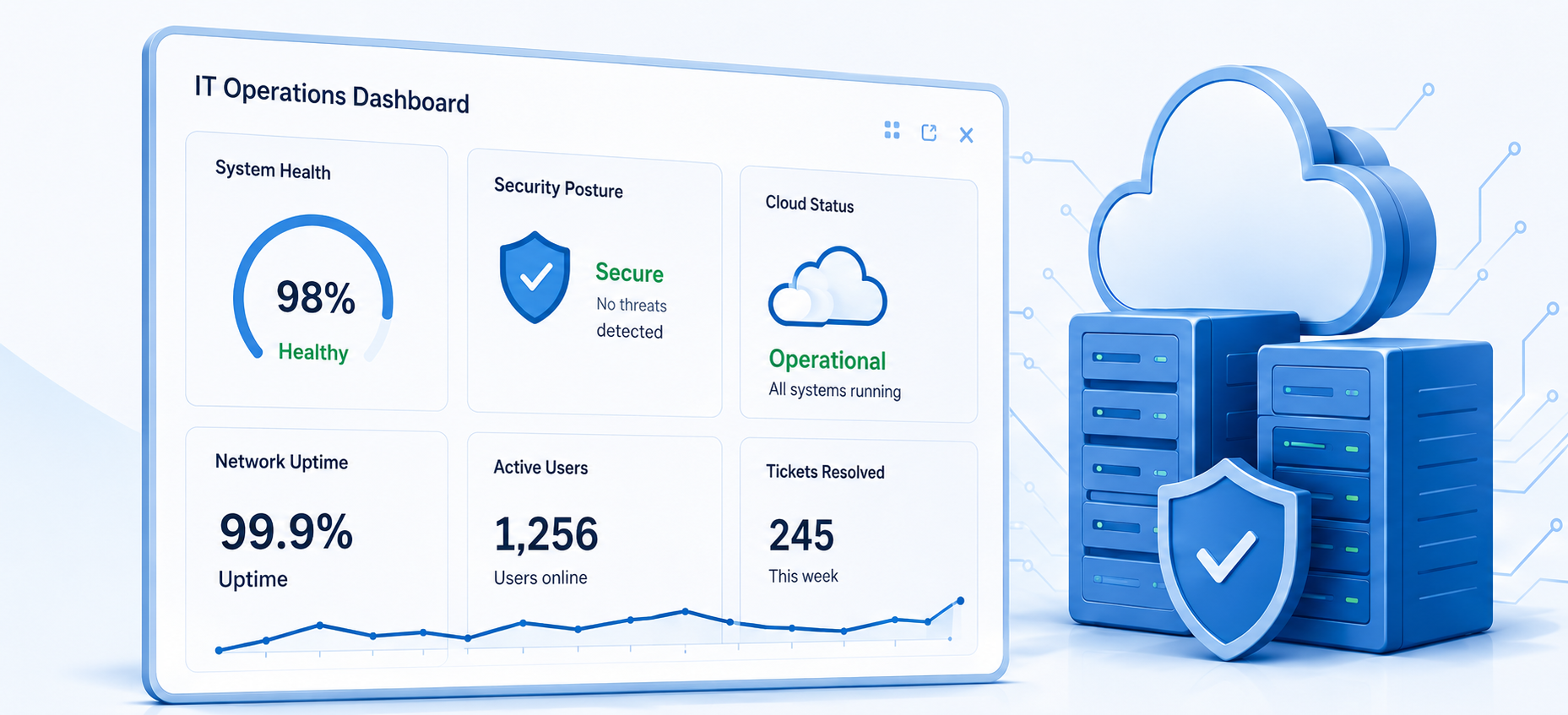 IT operations dashboard with cloud infrastructure and cybersecurity shield